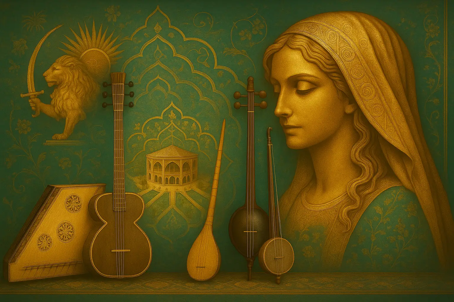 The Lion and Sun, a talar pavilion, and Iranian instruments — tar, setar, kamancheh, santur — beside a woman in a patterned scarf, in gold on turquoise
